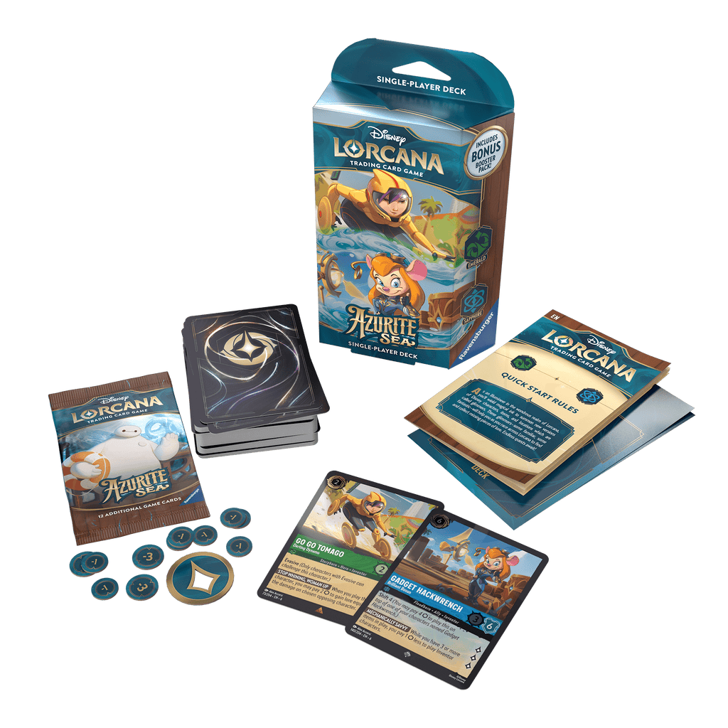 Disney Lorcana Azurite Sea Emerald and Sapphire starter deck with included cards, booster pack, tokens and rules
